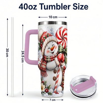 #pl[40oz|Pink] Snowman 40oz Tumbler with Handle, Peppermint Holiday Steel Cup
