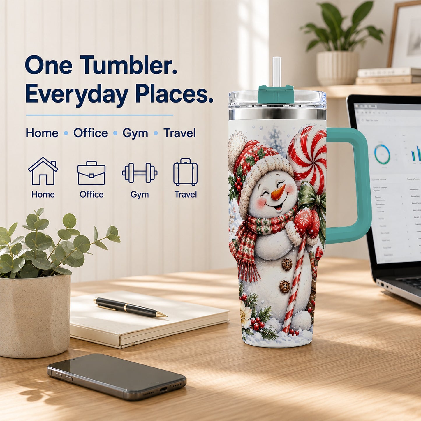 #pl[40oz|Green] Snowman 40oz Tumbler with Handle, Peppermint Holiday Steel Cup