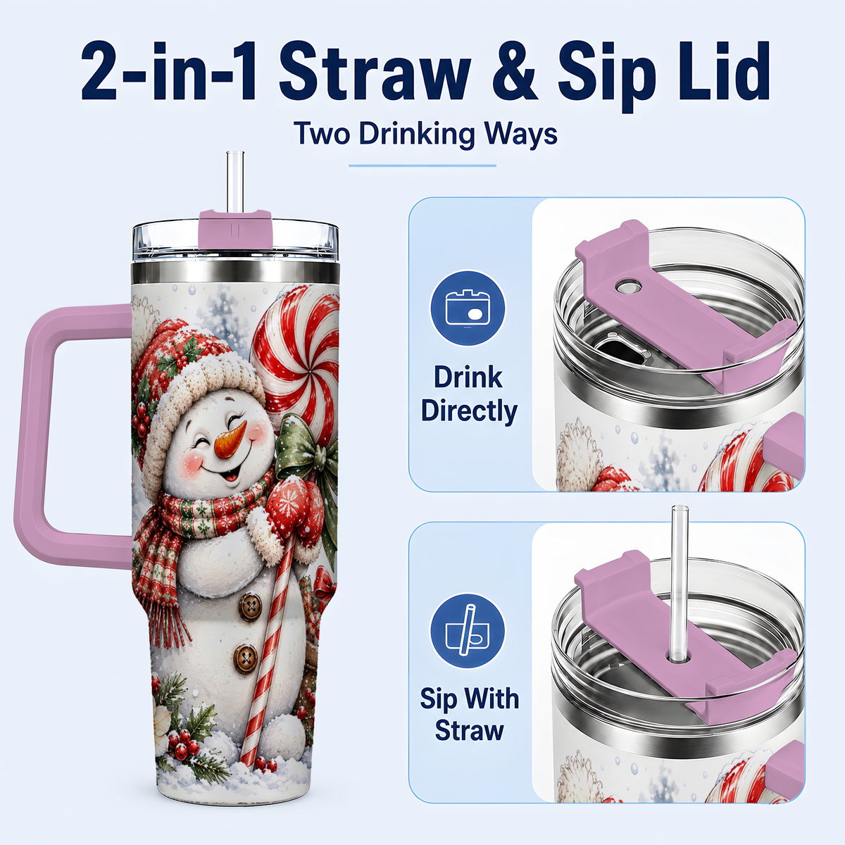 #pl[40oz|Pink] Snowman 40oz Tumbler with Handle, Peppermint Holiday Steel Cup