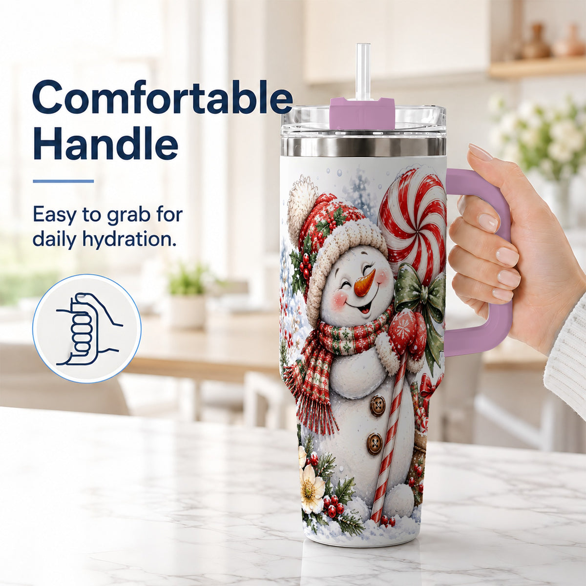 #pl[40oz|Pink] Snowman 40oz Tumbler with Handle, Peppermint Holiday Steel Cup