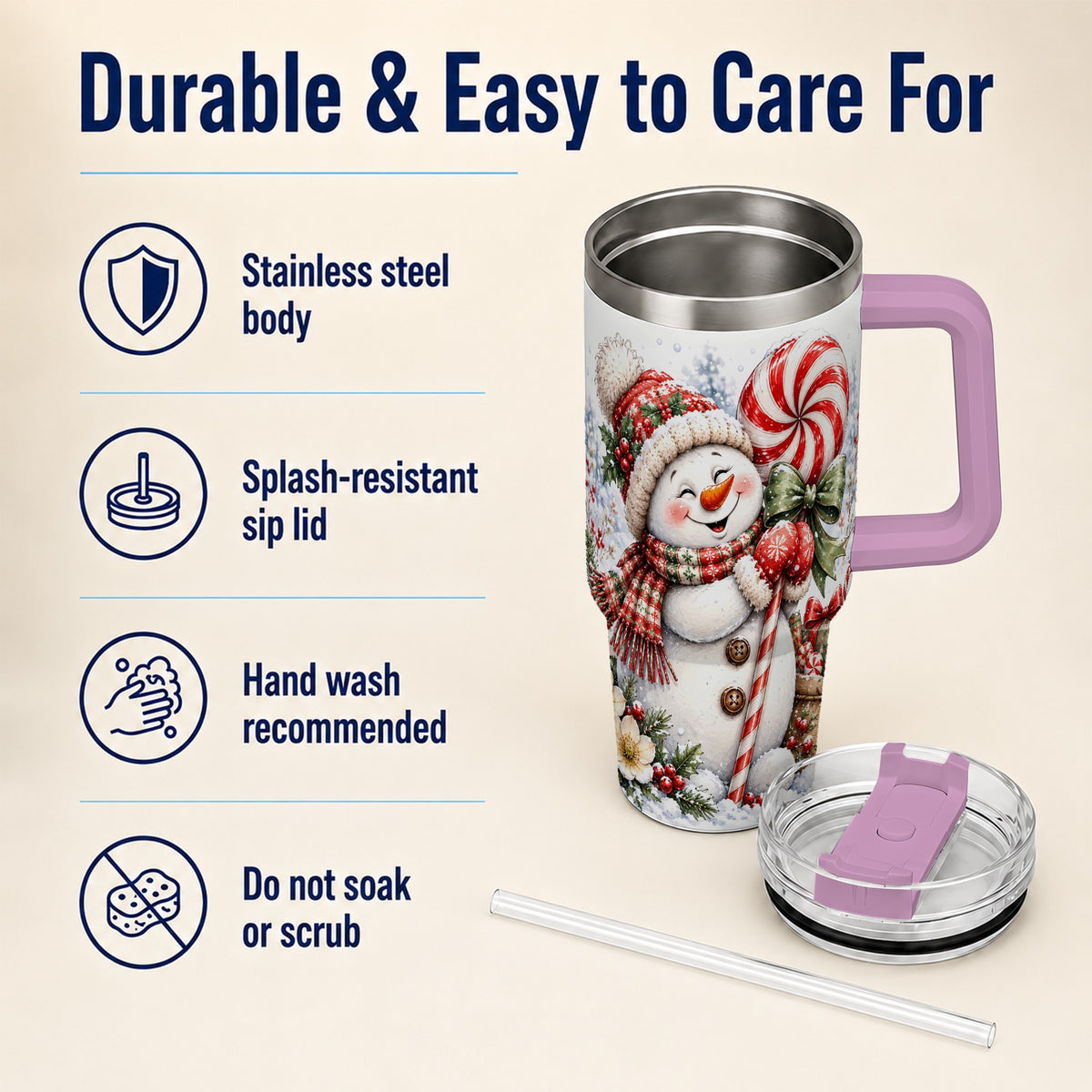 #pl[40oz|Pink] Snowman 40oz Tumbler with Handle, Peppermint Holiday Steel Cup
