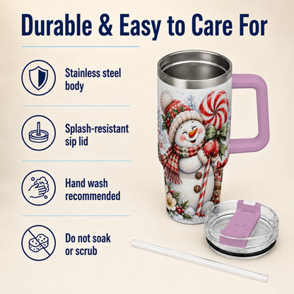 #pl[40oz|Pink] Snowman 40oz Tumbler with Handle, Peppermint Holiday Steel Cup