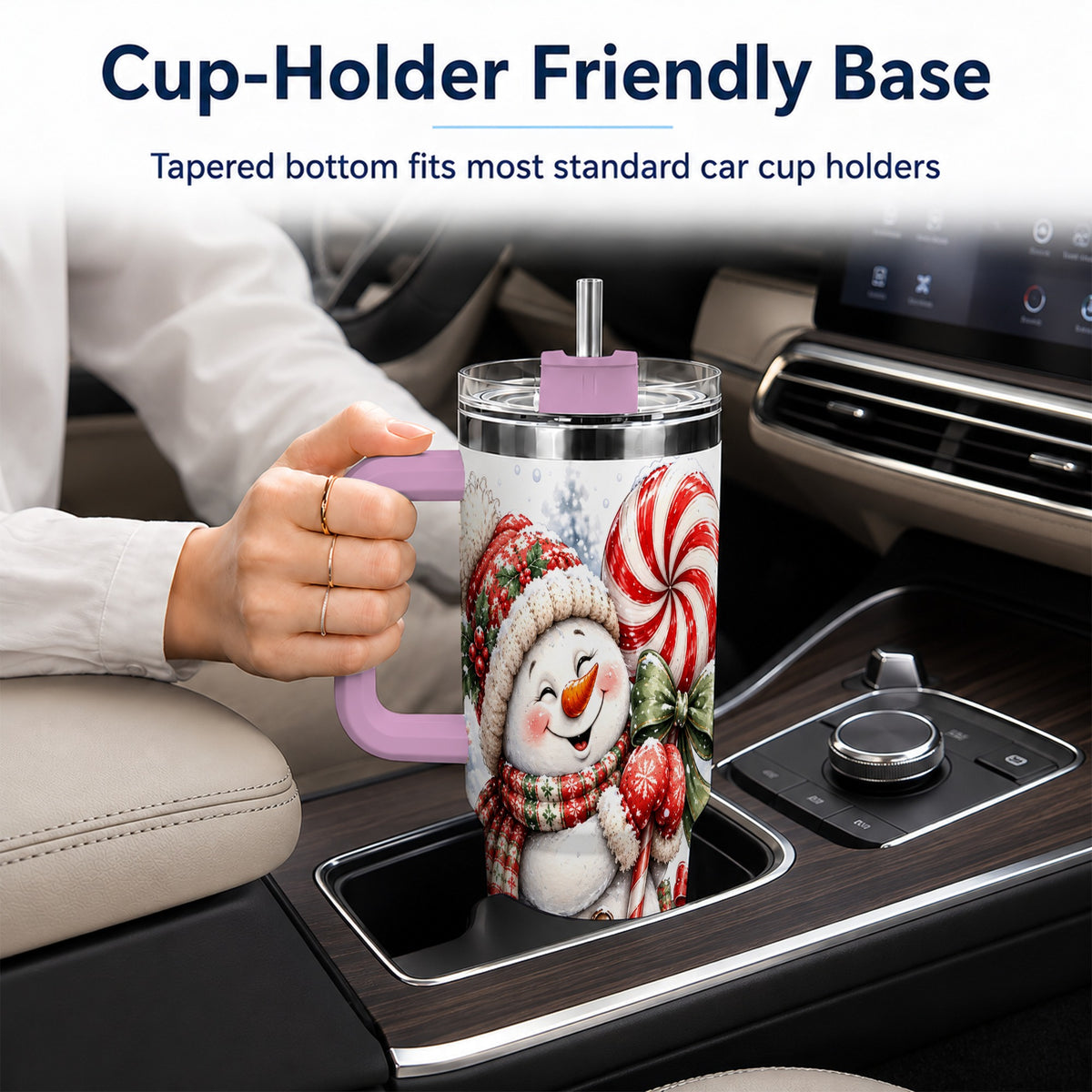 #pl[40oz|Pink] Snowman 40oz Tumbler with Handle, Peppermint Holiday Steel Cup