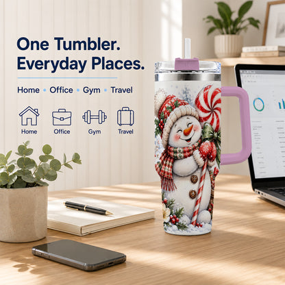 #pl[40oz|Pink] Snowman 40oz Tumbler with Handle, Peppermint Holiday Steel Cup