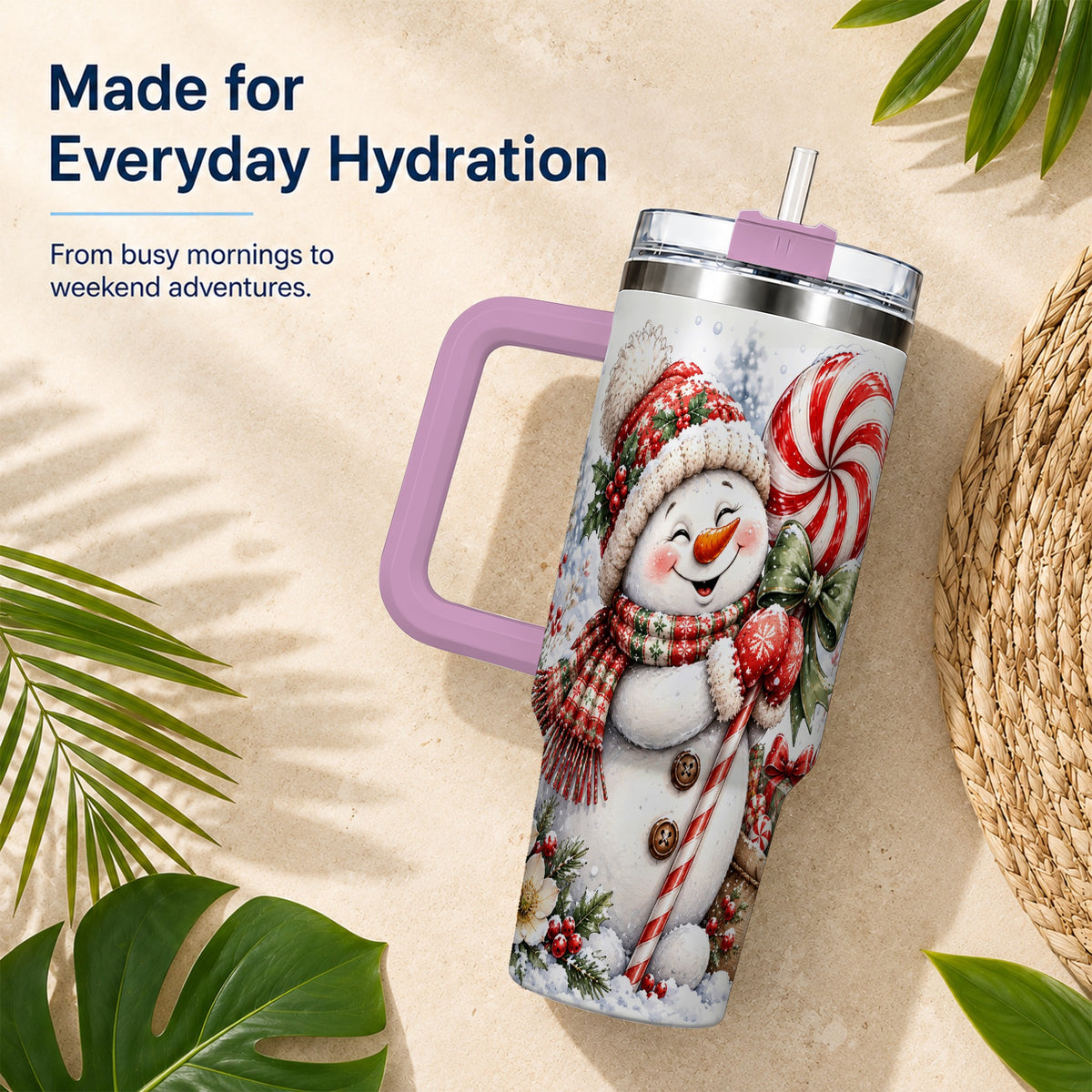 #pl[40oz|Pink] Snowman 40oz Tumbler with Handle, Peppermint Holiday Steel Cup