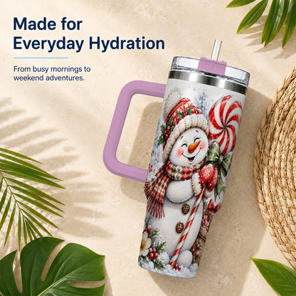 #pl[40oz|Pink] Snowman 40oz Tumbler with Handle, Peppermint Holiday Steel Cup