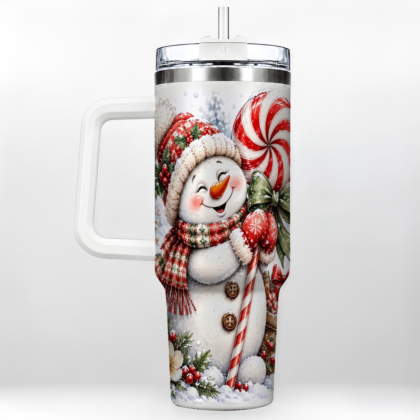 Snowman 40oz Tumbler with Handle, Peppermint Holiday Steel Cup
