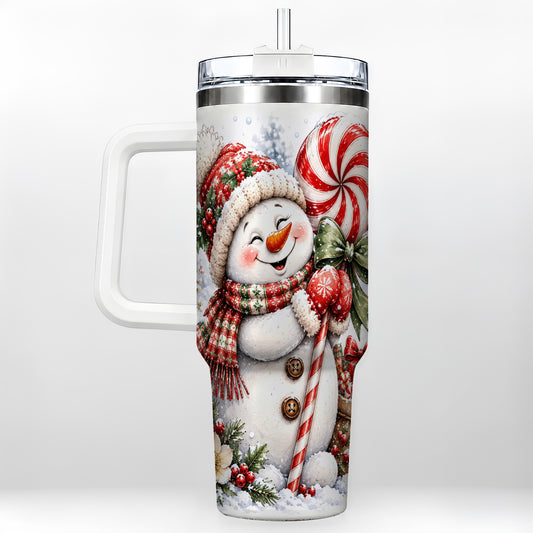 Snowman 40oz Tumbler with Handle, Peppermint Holiday Steel Cup