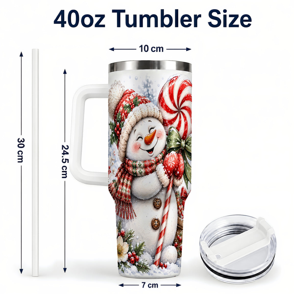 #pl[40oz|White] Snowman 40oz Tumbler with Handle, Peppermint Holiday Steel Cup