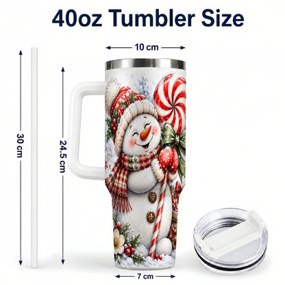 #pl[40oz|White] Snowman 40oz Tumbler with Handle, Peppermint Holiday Steel Cup