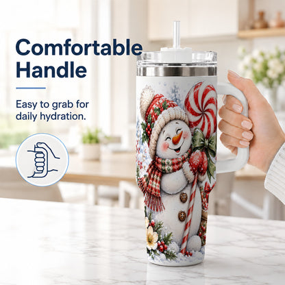 #pl[40oz|White] Snowman 40oz Tumbler with Handle, Peppermint Holiday Steel Cup