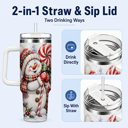 #pl[40oz|White] Snowman 40oz Tumbler with Handle, Peppermint Holiday Steel Cup