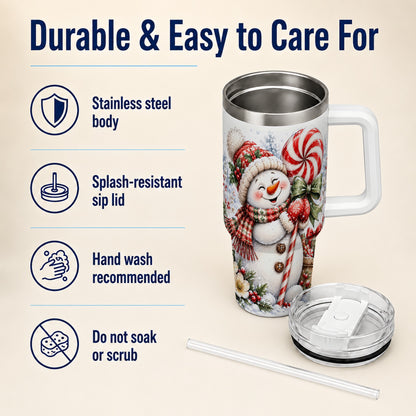 #pl[40oz|White] Snowman 40oz Tumbler with Handle, Peppermint Holiday Steel Cup