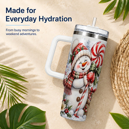 #pl[40oz|White] Snowman 40oz Tumbler with Handle, Peppermint Holiday Steel Cup