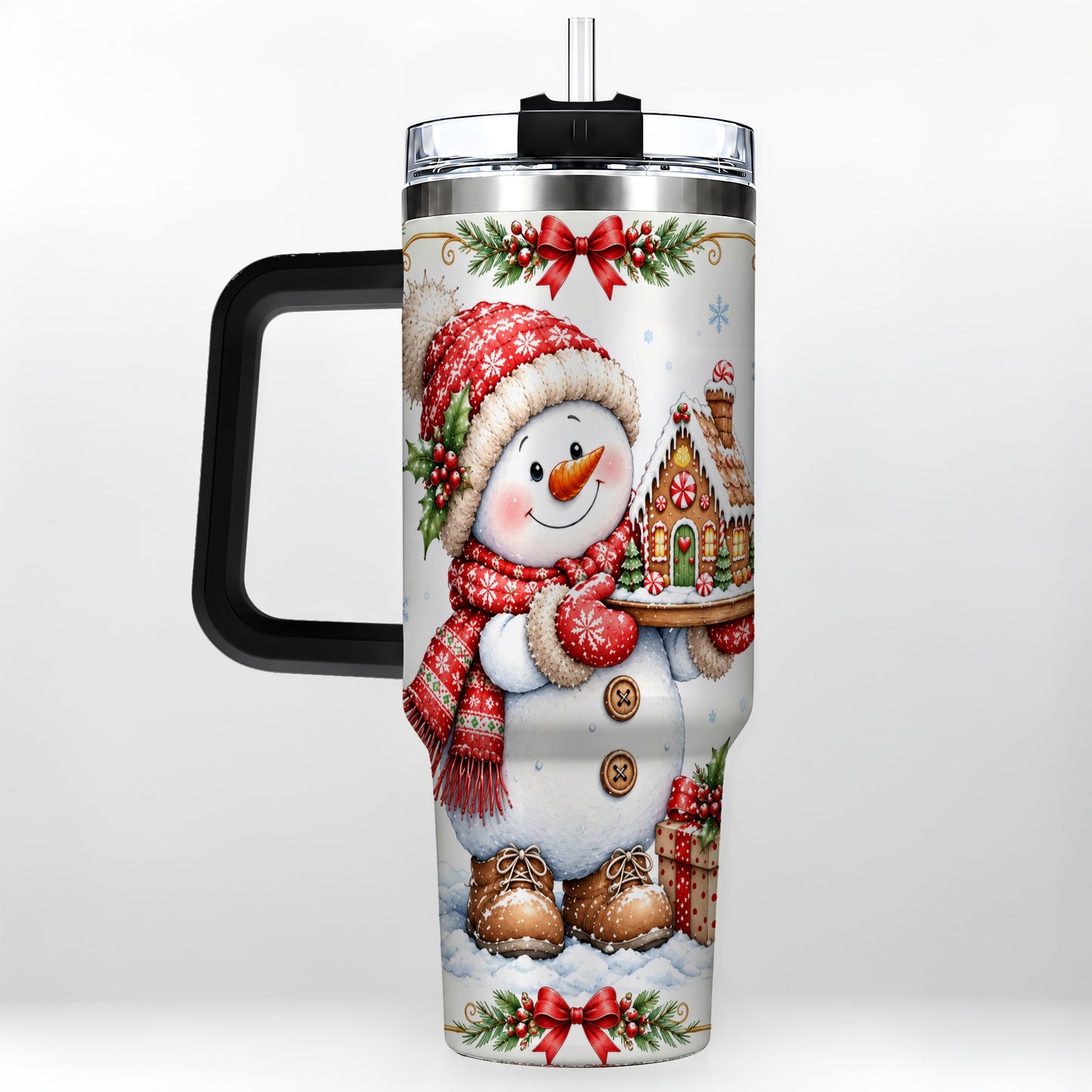 #pl[40oz|Black] Snowman 40oz Tumbler with Handle, Gingerbread Holiday Steel Cup