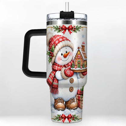 #pl[40oz|Black] Snowman 40oz Tumbler with Handle, Gingerbread Holiday Steel Cup