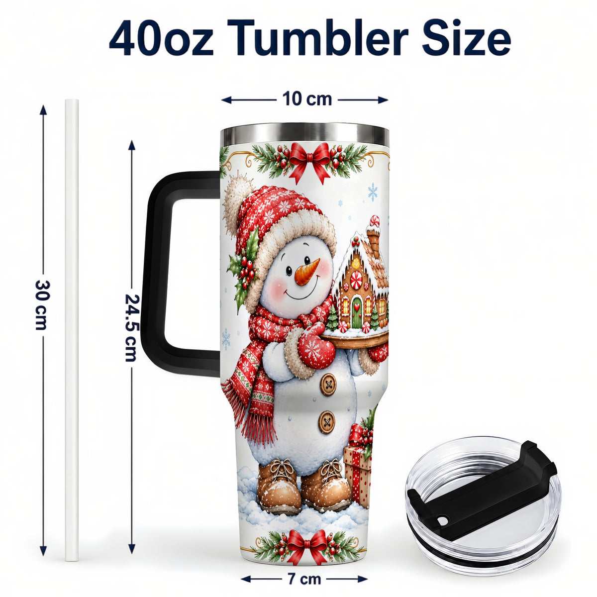 #pl[40oz|Black] Snowman 40oz Tumbler with Handle, Gingerbread Holiday Steel Cup