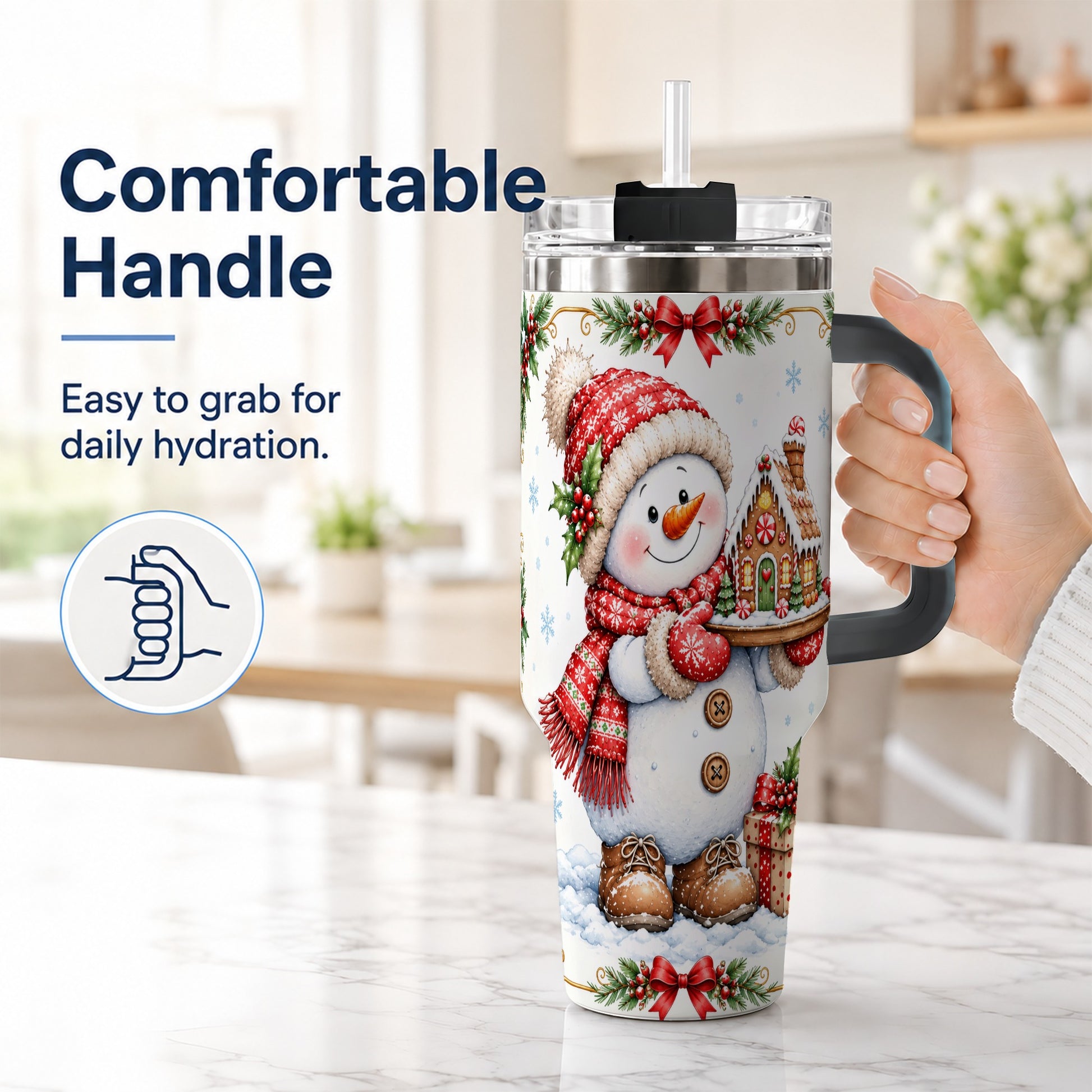 #pl[40oz|Black] Snowman 40oz Tumbler with Handle, Gingerbread Holiday Steel Cup