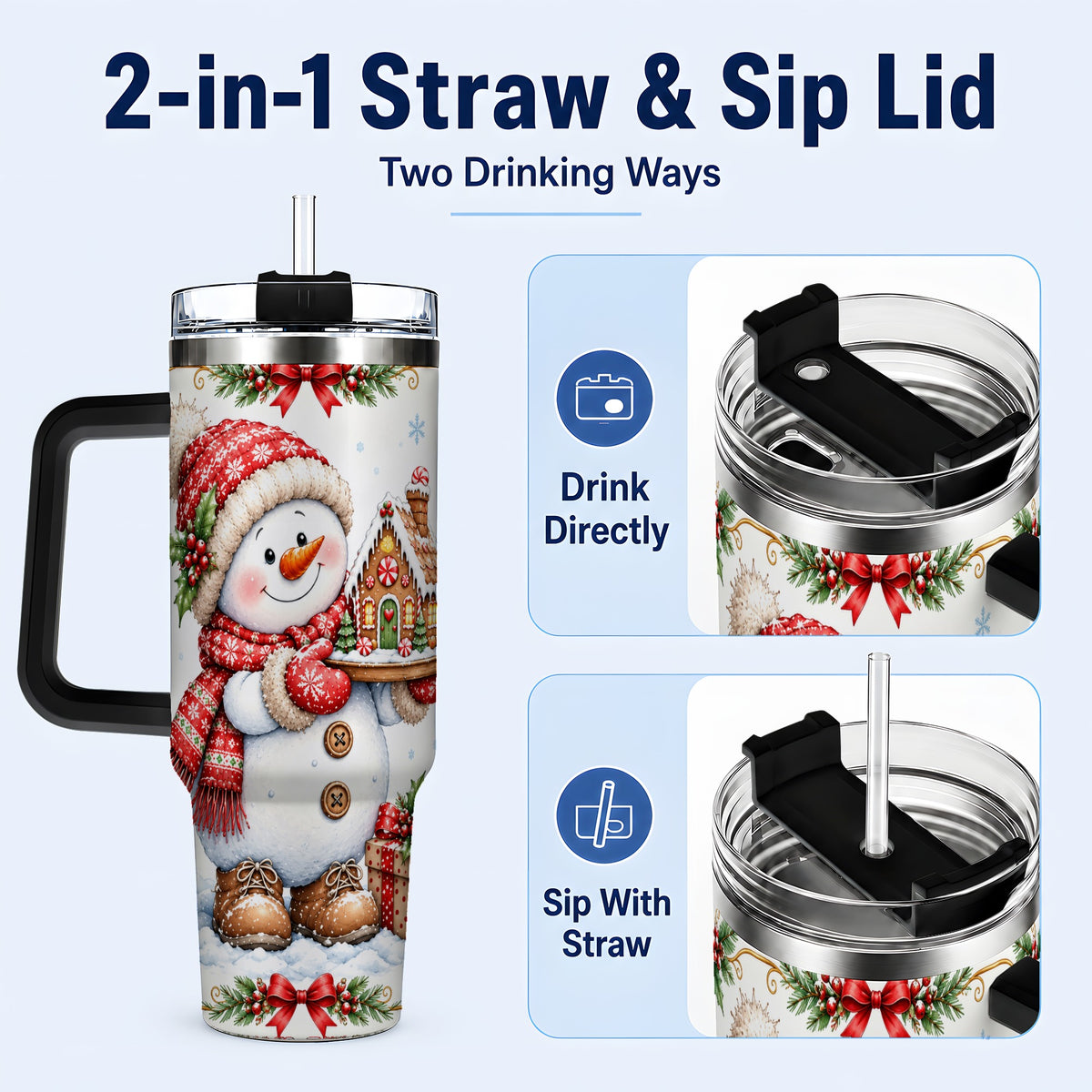 #pl[40oz|Black] Snowman 40oz Tumbler with Handle, Gingerbread Holiday Steel Cup