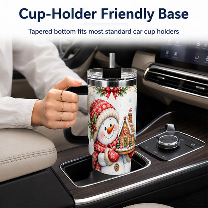 #pl[40oz|Black] Snowman 40oz Tumbler with Handle, Gingerbread Holiday Steel Cup