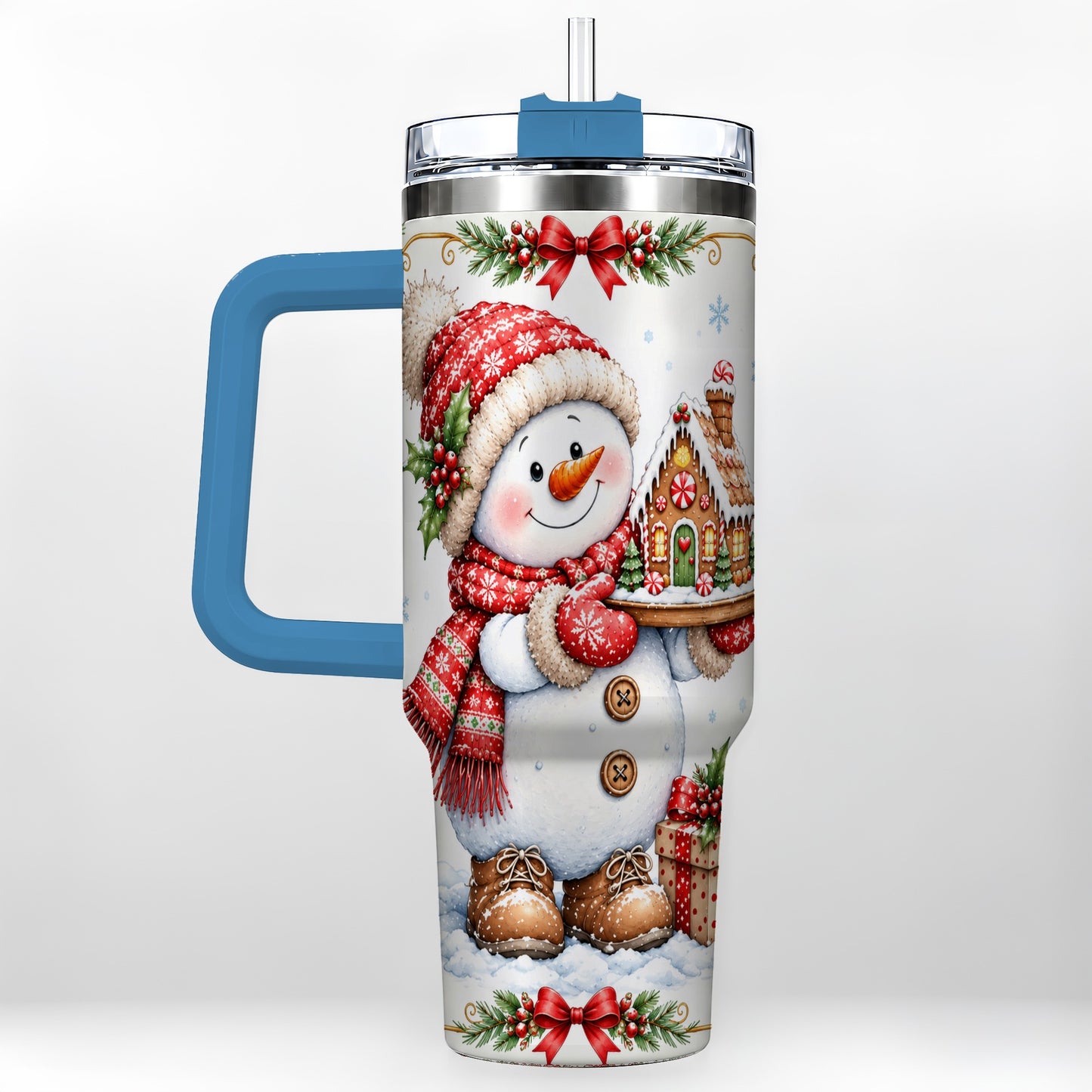 #pl[40oz|Blue] Snowman 40oz Tumbler with Handle, Gingerbread Holiday Steel Cup