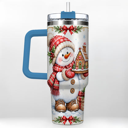 #pl[40oz|Blue] Snowman 40oz Tumbler with Handle, Gingerbread Holiday Steel Cup