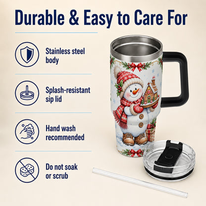 #pl[40oz|Black] Snowman 40oz Tumbler with Handle, Gingerbread Holiday Steel Cup