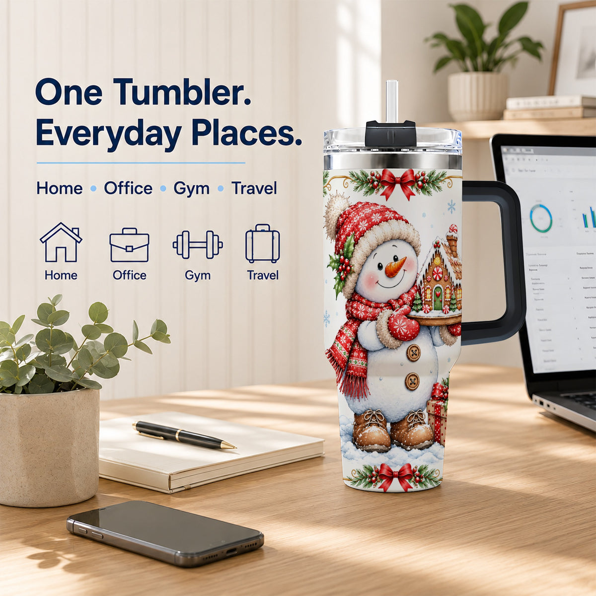 #pl[40oz|Black] Snowman 40oz Tumbler with Handle, Gingerbread Holiday Steel Cup