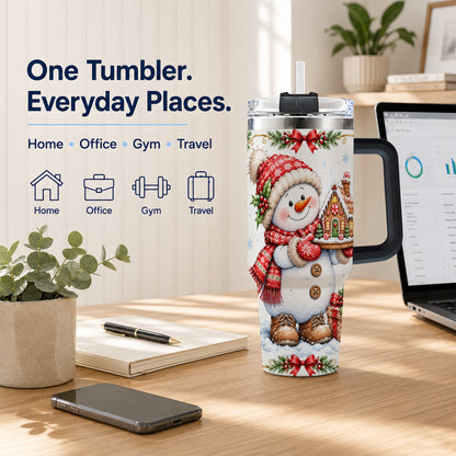 #pl[40oz|Black] Snowman 40oz Tumbler with Handle, Gingerbread Holiday Steel Cup