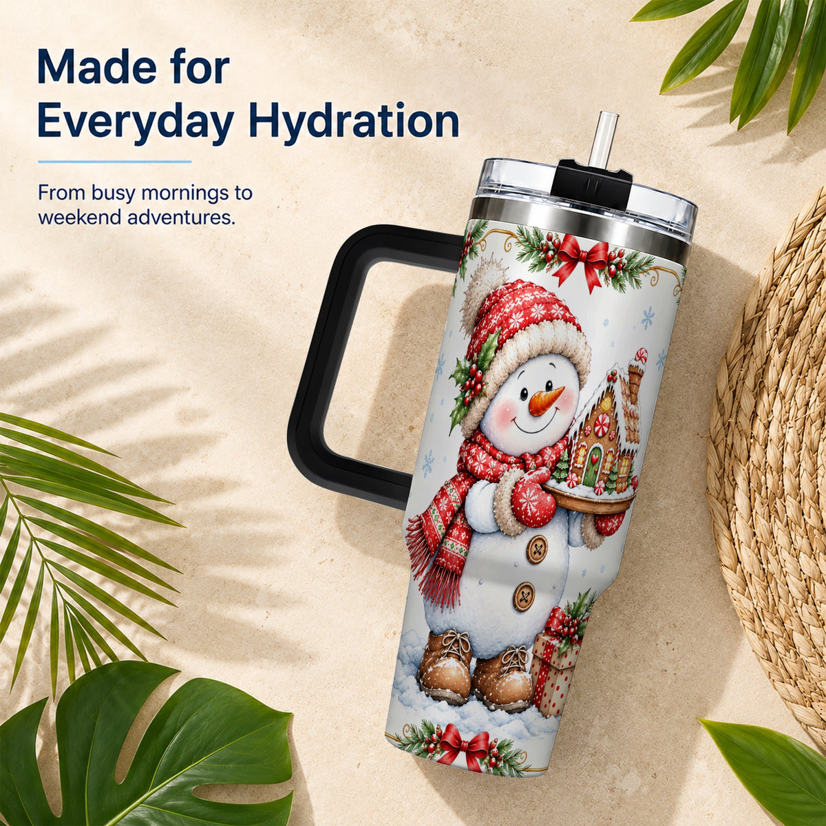 #pl[40oz|Black] Snowman 40oz Tumbler with Handle, Gingerbread Holiday Steel Cup