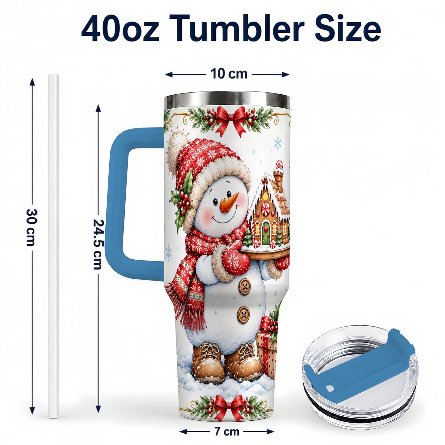 #pl[40oz|Blue] Snowman 40oz Tumbler with Handle, Gingerbread Holiday Steel Cup
