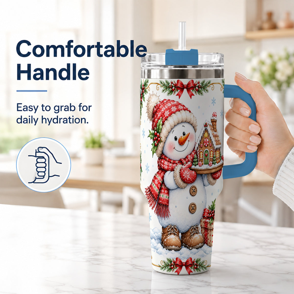 #pl[40oz|Blue] Snowman 40oz Tumbler with Handle, Gingerbread Holiday Steel Cup