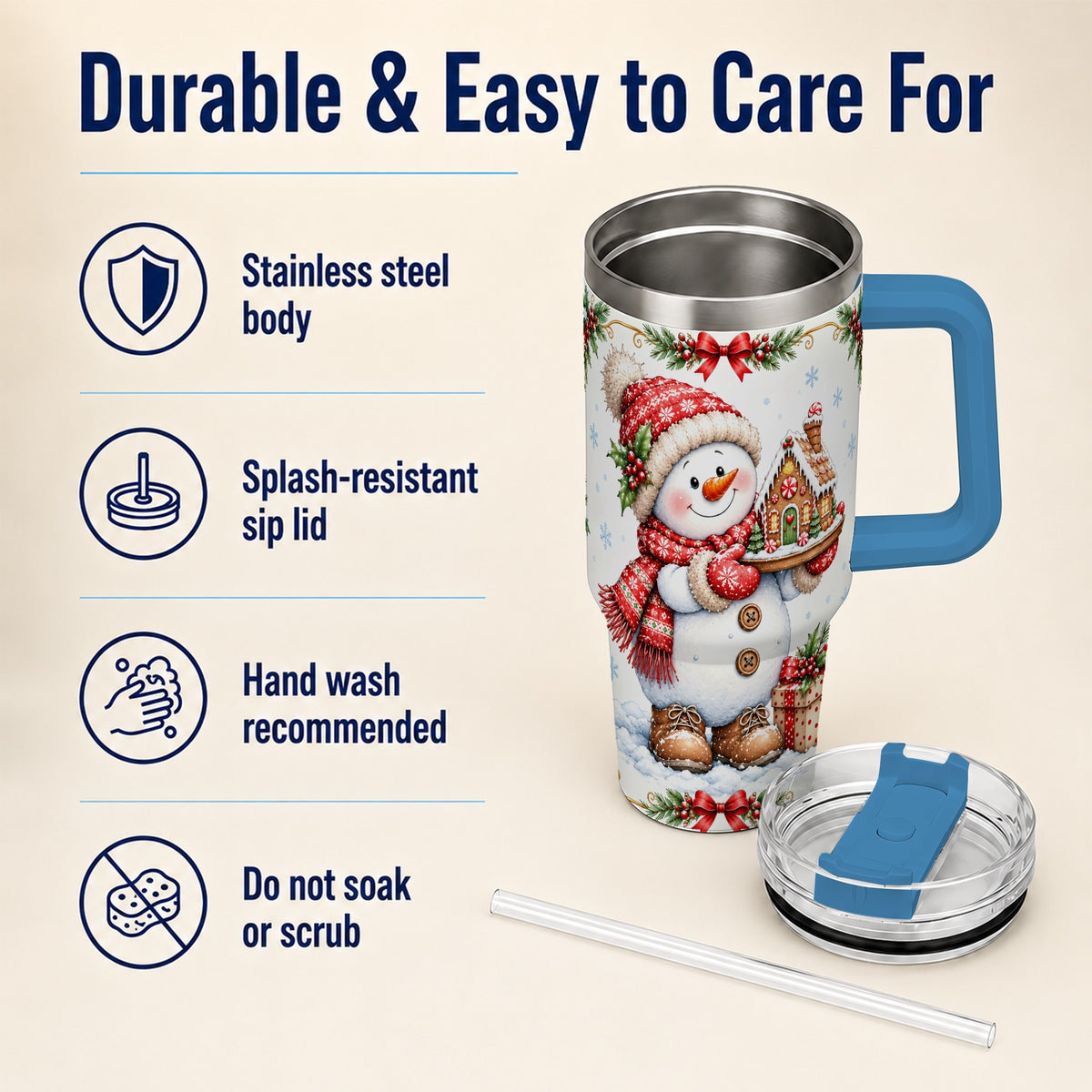 #pl[40oz|Blue] Snowman 40oz Tumbler with Handle, Gingerbread Holiday Steel Cup