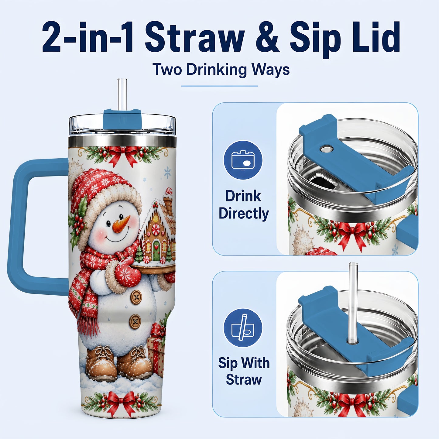 #pl[40oz|Blue] Snowman 40oz Tumbler with Handle, Gingerbread Holiday Steel Cup