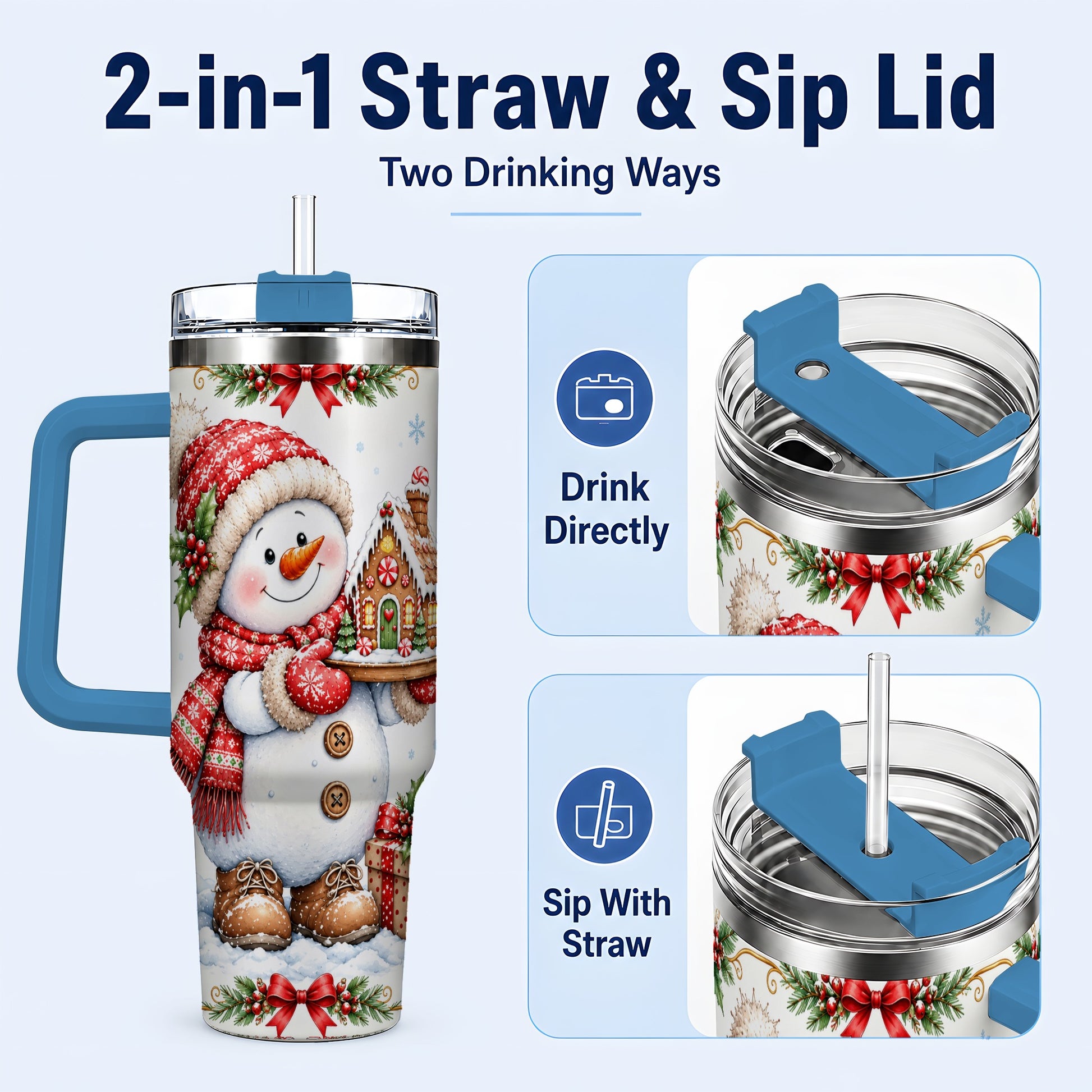 #pl[40oz|Blue] Snowman 40oz Tumbler with Handle, Gingerbread Holiday Steel Cup