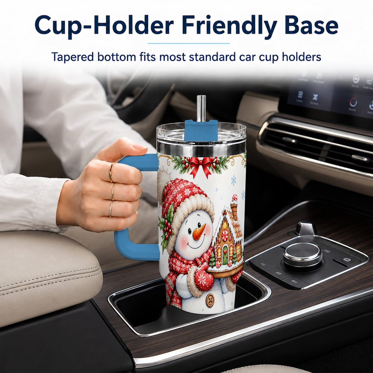 #pl[40oz|Blue] Snowman 40oz Tumbler with Handle, Gingerbread Holiday Steel Cup
