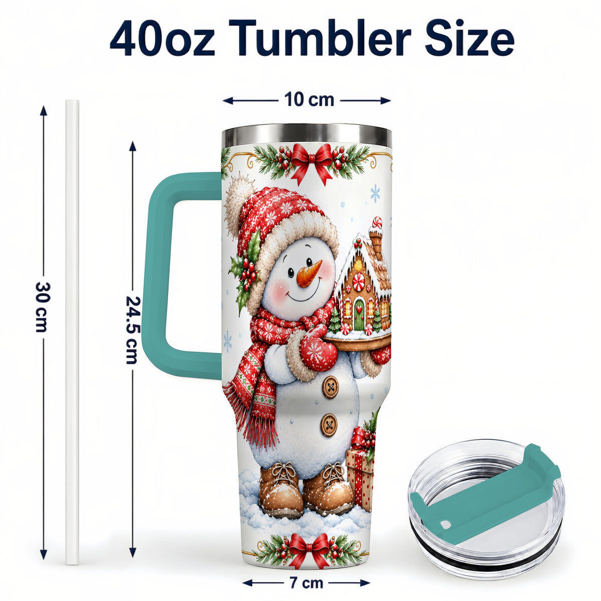 #pl[40oz|Green] Snowman 40oz Tumbler with Handle, Gingerbread Holiday Steel Cup