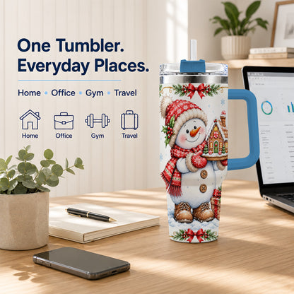 #pl[40oz|Blue] Snowman 40oz Tumbler with Handle, Gingerbread Holiday Steel Cup