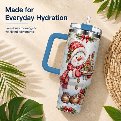 #pl[40oz|Blue] Snowman 40oz Tumbler with Handle, Gingerbread Holiday Steel Cup