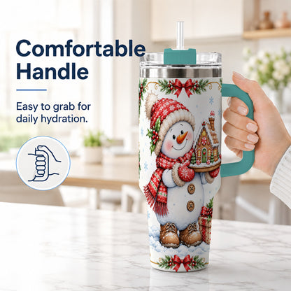 #pl[40oz|Green] Snowman 40oz Tumbler with Handle, Gingerbread Holiday Steel Cup