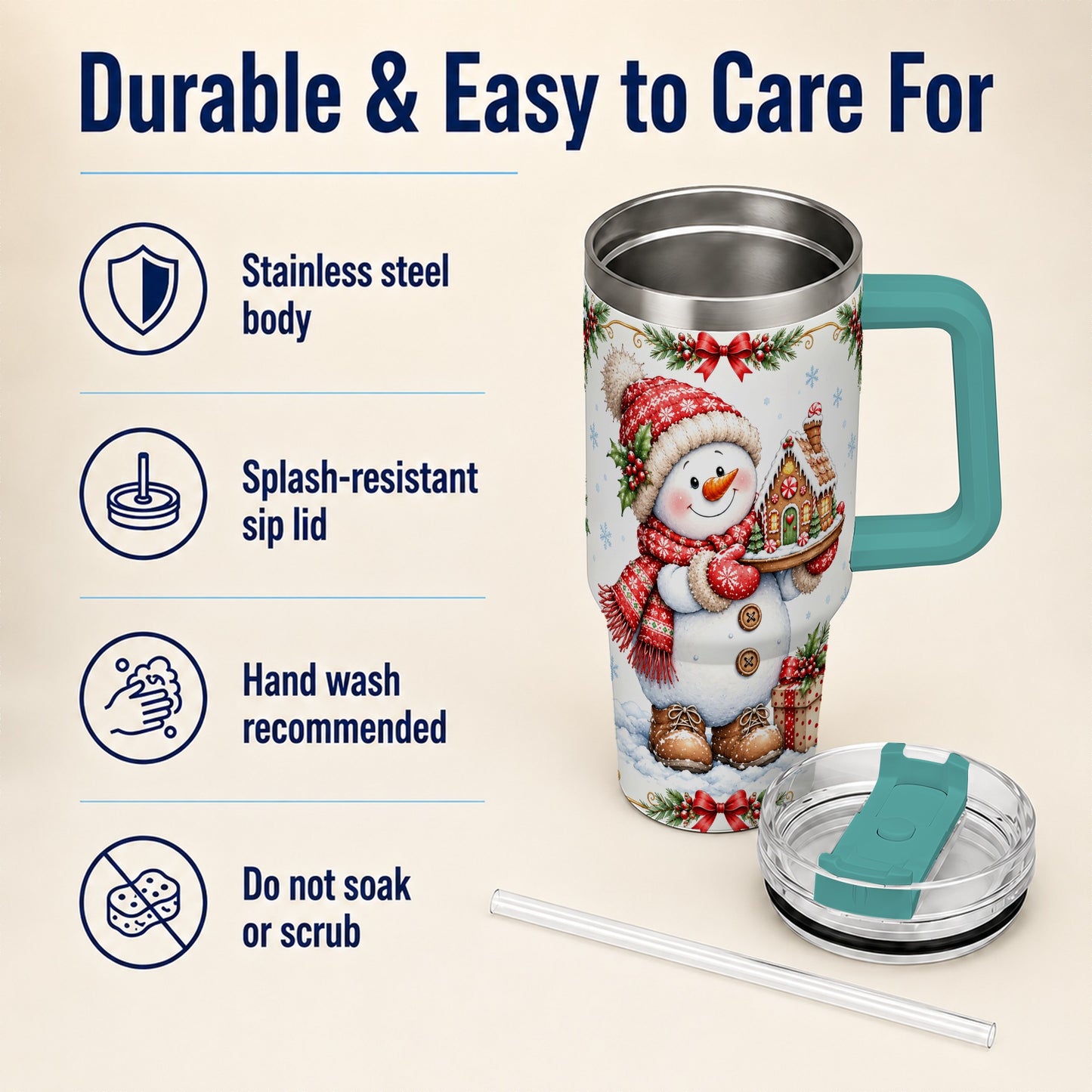 #pl[40oz|Green] Snowman 40oz Tumbler with Handle, Gingerbread Holiday Steel Cup