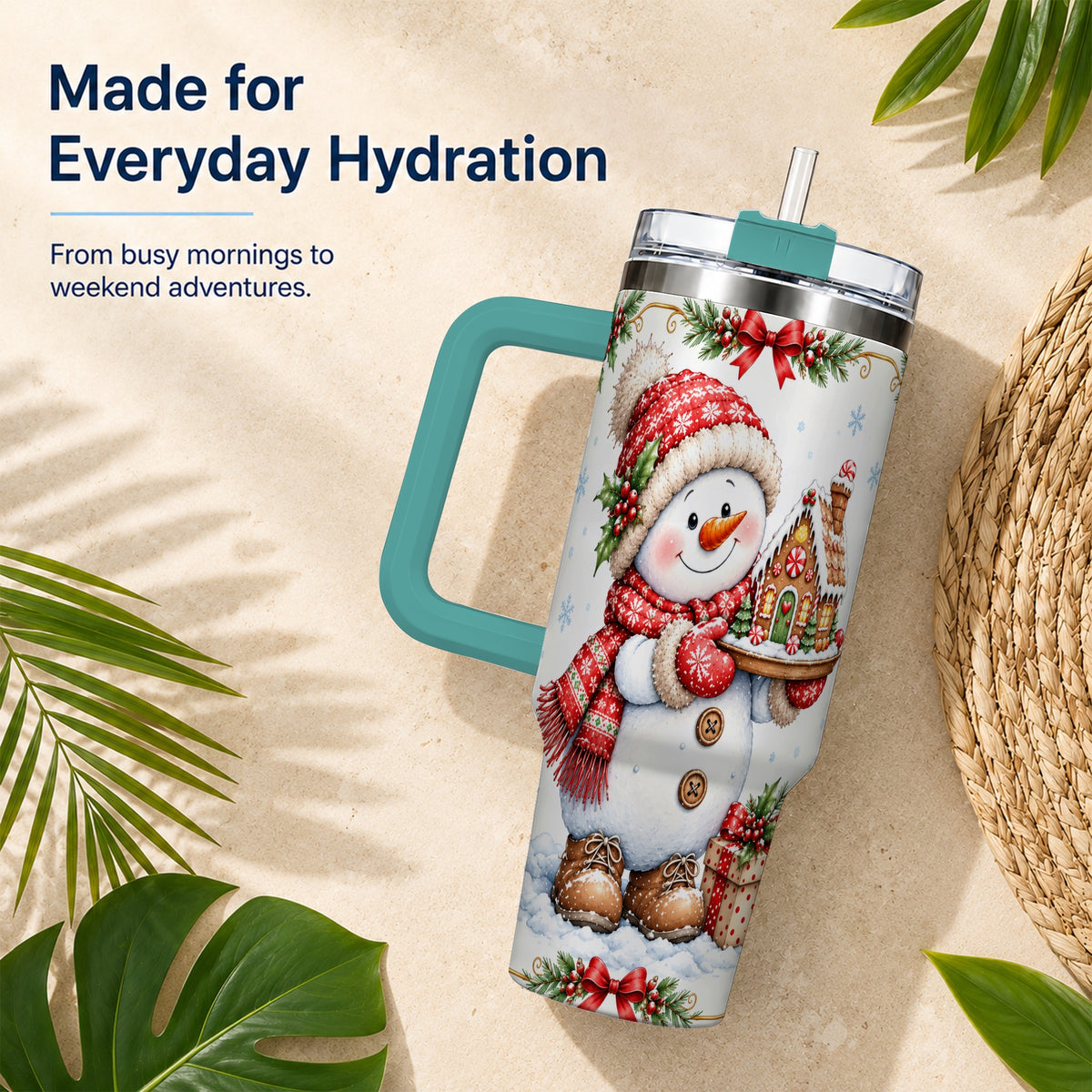 #pl[40oz|Green] Snowman 40oz Tumbler with Handle, Gingerbread Holiday Steel Cup