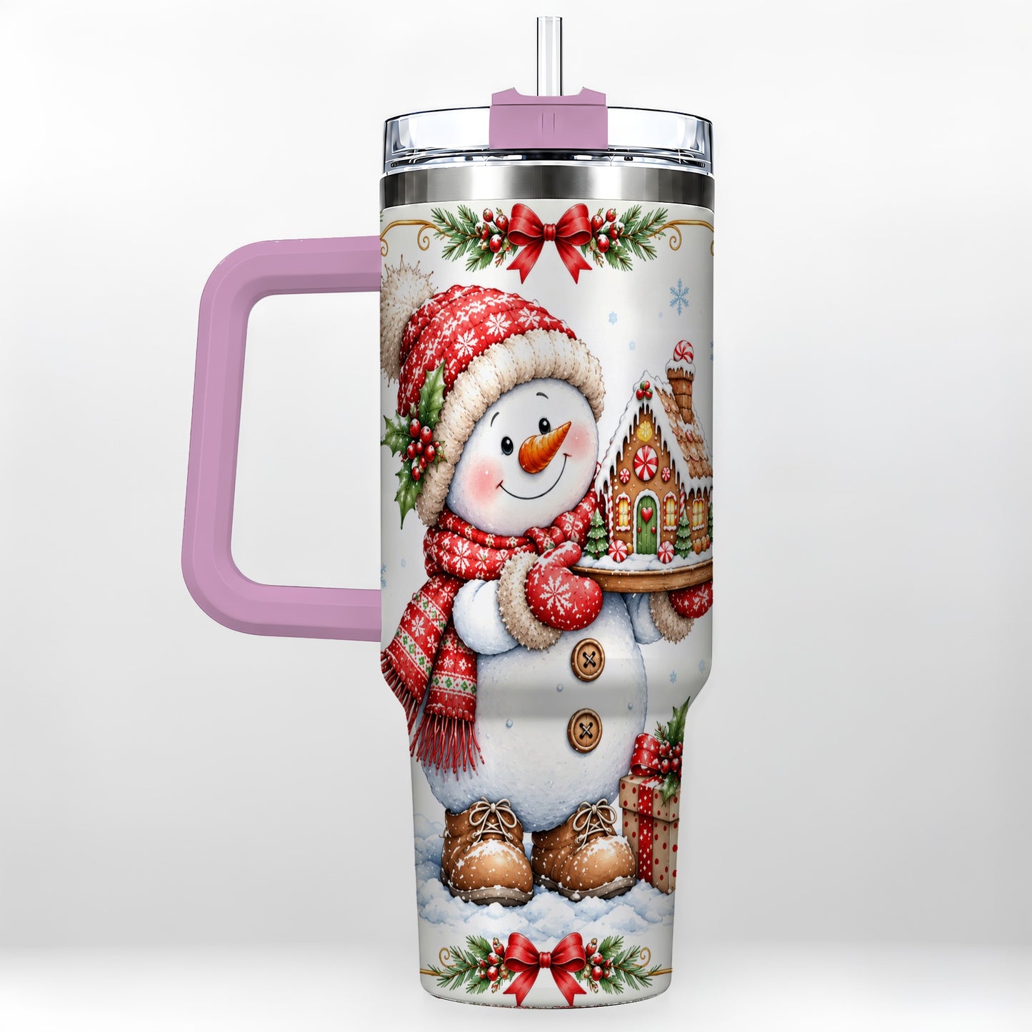 #pl[40oz|Pink] Snowman 40oz Tumbler with Handle, Gingerbread Holiday Steel Cup