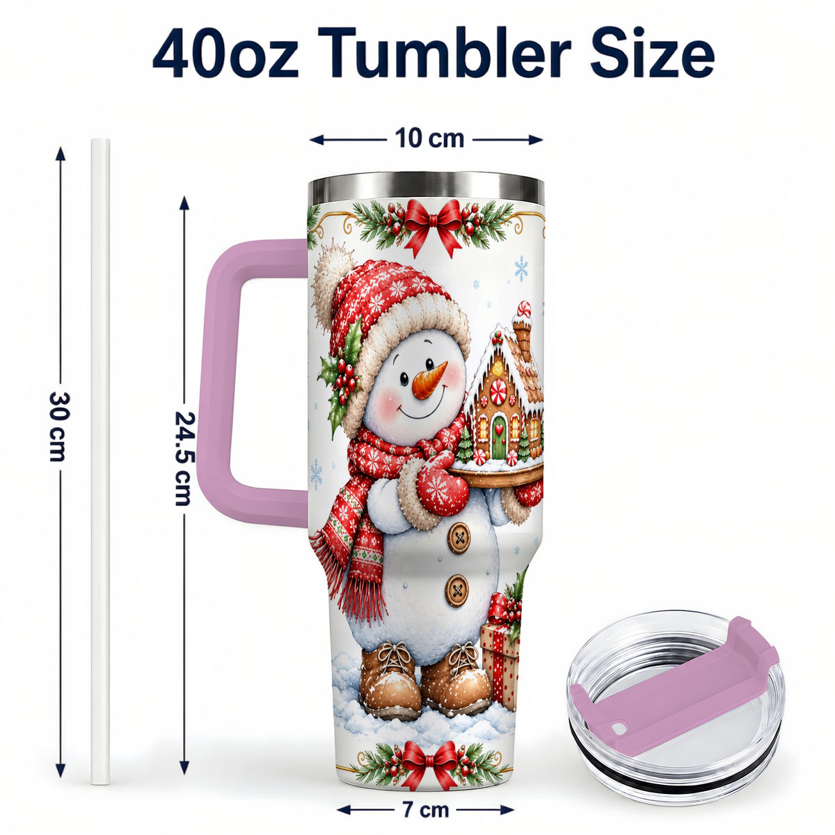 #pl[40oz|Pink] Snowman 40oz Tumbler with Handle, Gingerbread Holiday Steel Cup