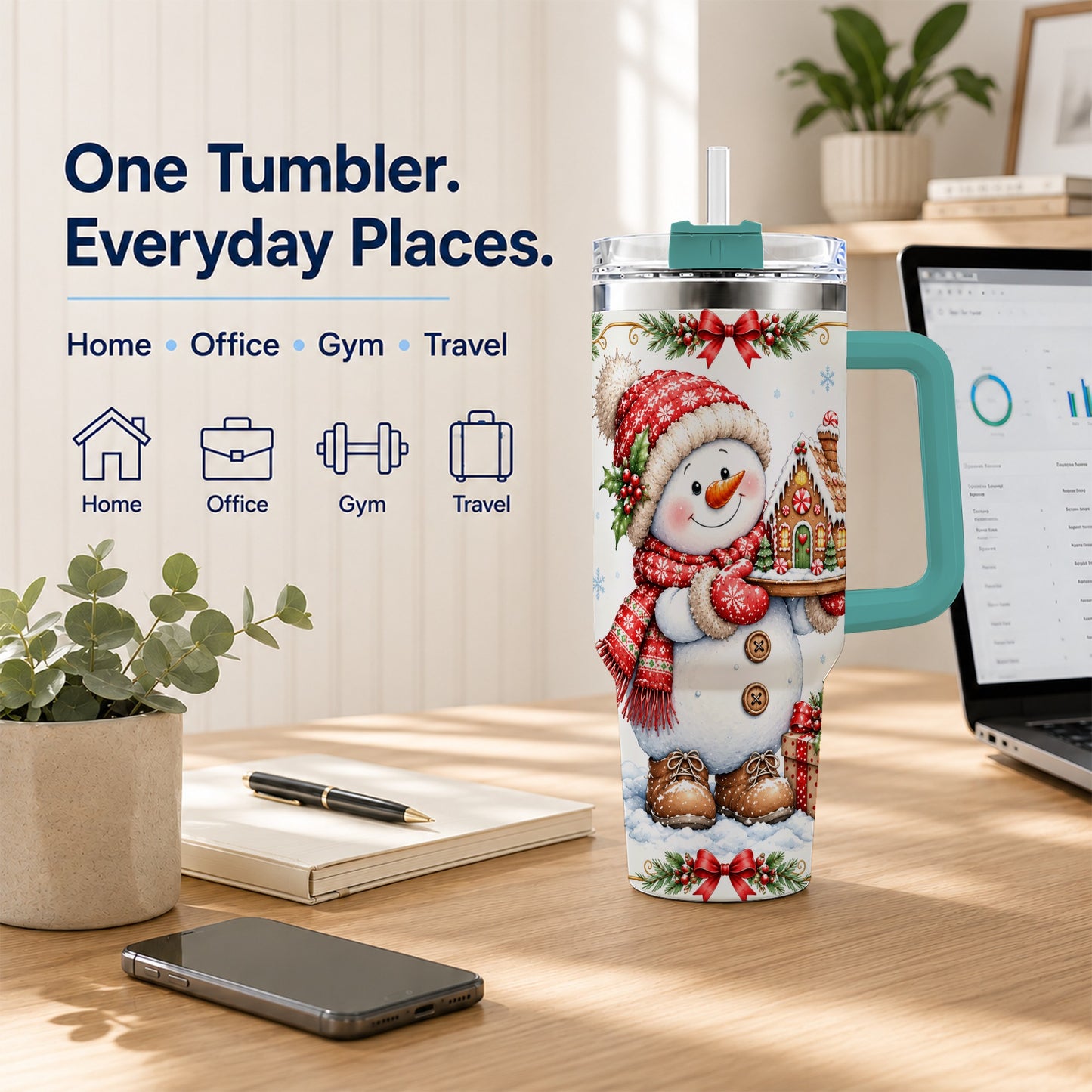 #pl[40oz|Green] Snowman 40oz Tumbler with Handle, Gingerbread Holiday Steel Cup