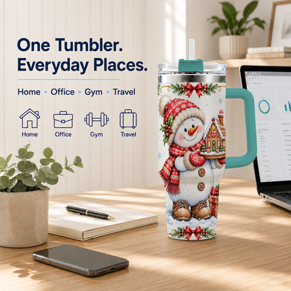 #pl[40oz|Green] Snowman 40oz Tumbler with Handle, Gingerbread Holiday Steel Cup