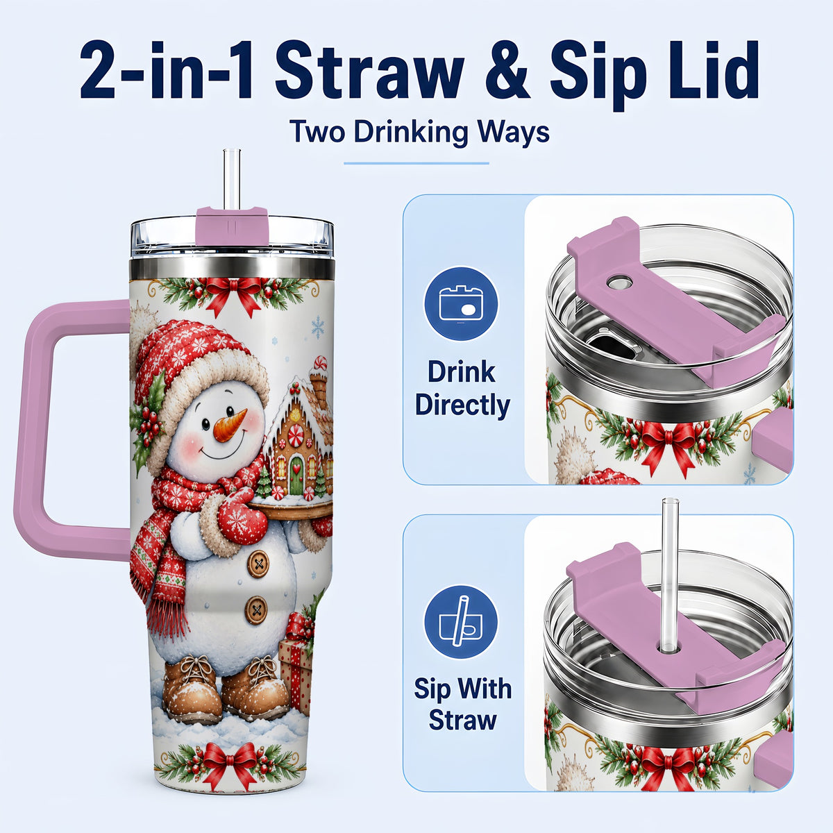 #pl[40oz|Pink] Snowman 40oz Tumbler with Handle, Gingerbread Holiday Steel Cup