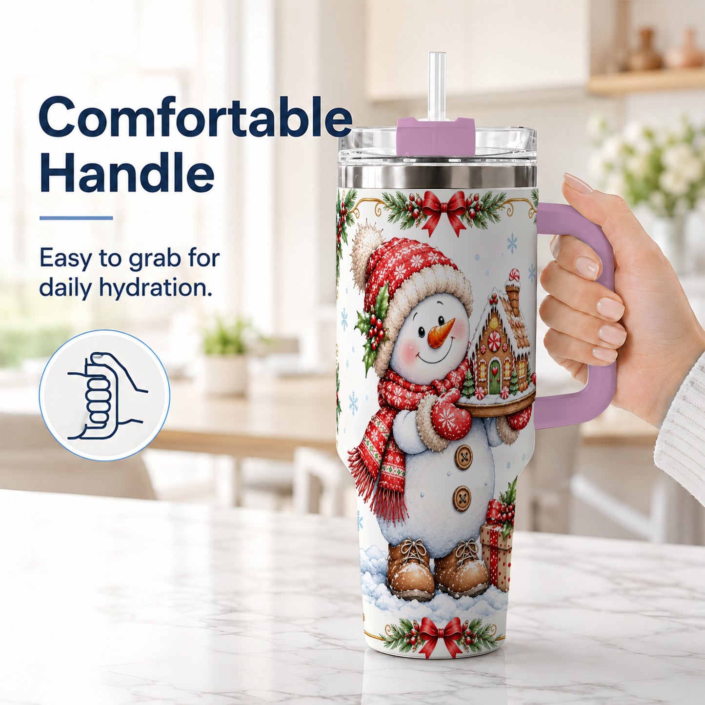 #pl[40oz|Pink] Snowman 40oz Tumbler with Handle, Gingerbread Holiday Steel Cup