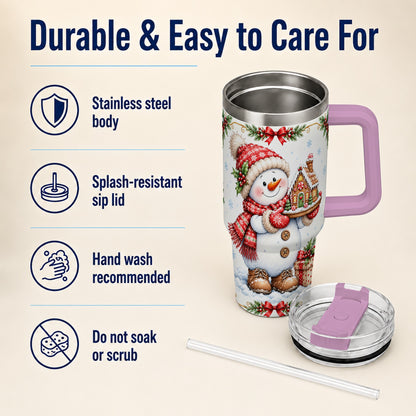 #pl[40oz|Pink] Snowman 40oz Tumbler with Handle, Gingerbread Holiday Steel Cup
