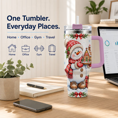 #pl[40oz|Pink] Snowman 40oz Tumbler with Handle, Gingerbread Holiday Steel Cup